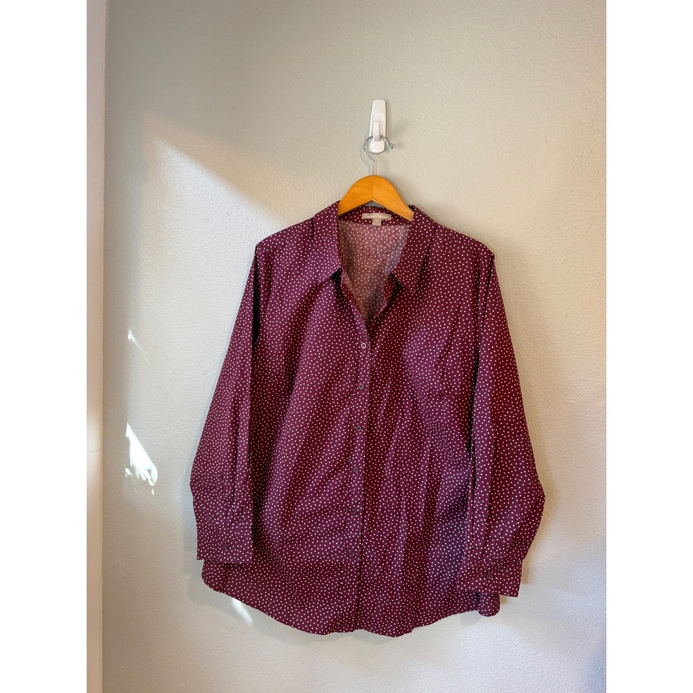 Woman Within Button Down‎ Shirt Women 1X Burgundy Polka Dot Long Sleeve Collared